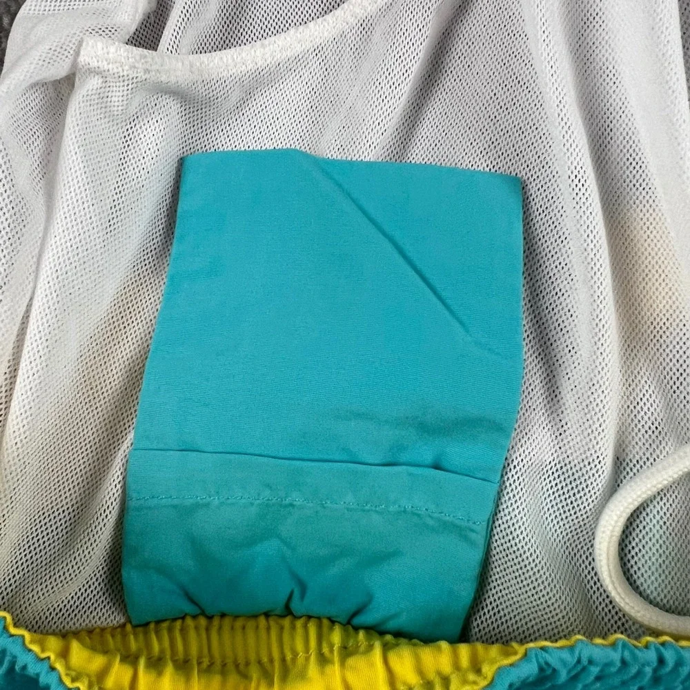 Polo Ralph Lauren Mens Teal Blue Yellow Swim Trunks Medium Mesh Lined Drawstring